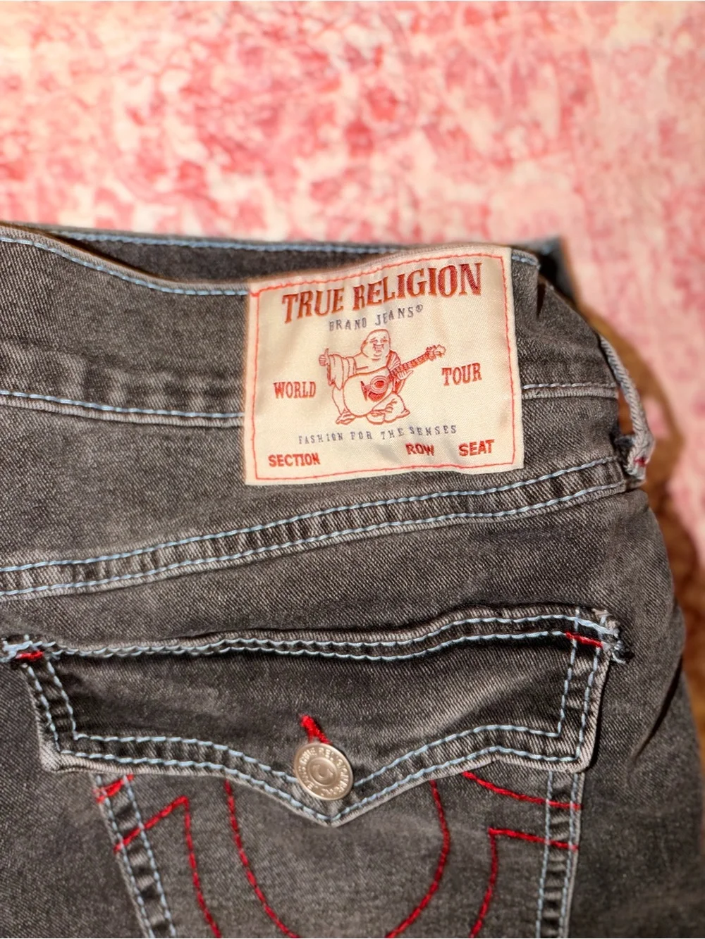 True Religion Ricky Men’s Charcoal Gray Straight Leg Jeans with Red Stitching